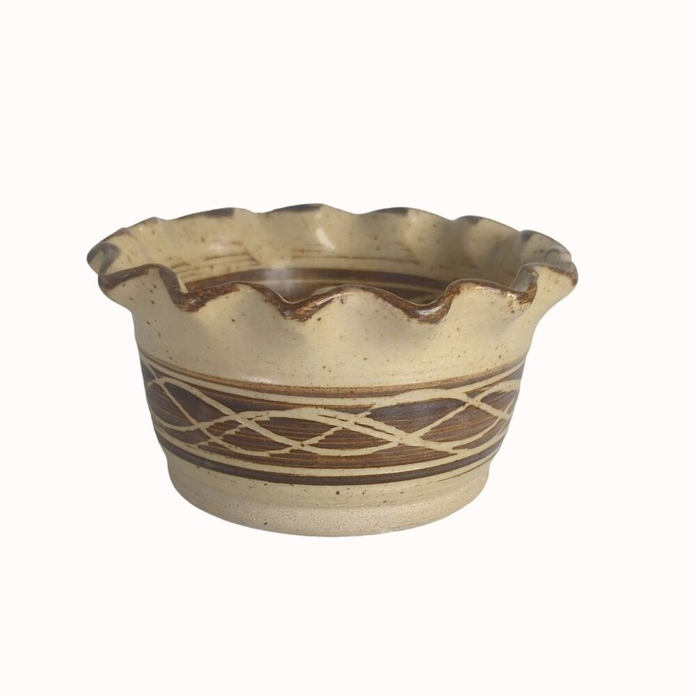 Studio Art Pottery Signed Apple Baker With Fluted Edge Brown Pattern Design